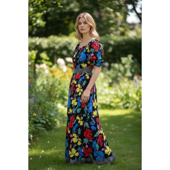 RIXO Dresses & Skirts - RIXO Floral Maxi Dress Puff Sleeve Polka Dot Trim Multi Color Womens Size‎ 6